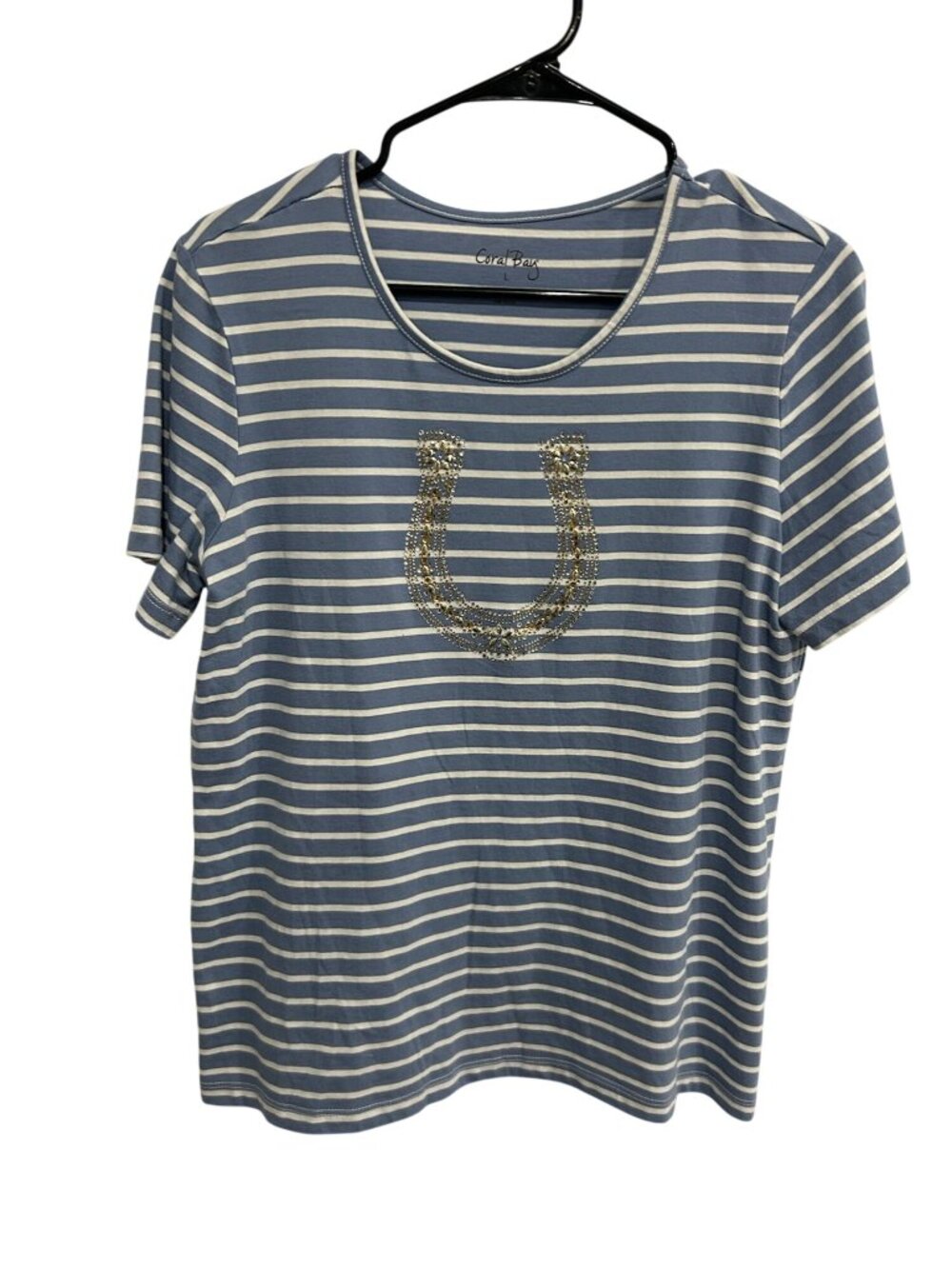Coral Bay Large Blue White Striped Rhinestone Horseshoe T-Shirt Equestrian